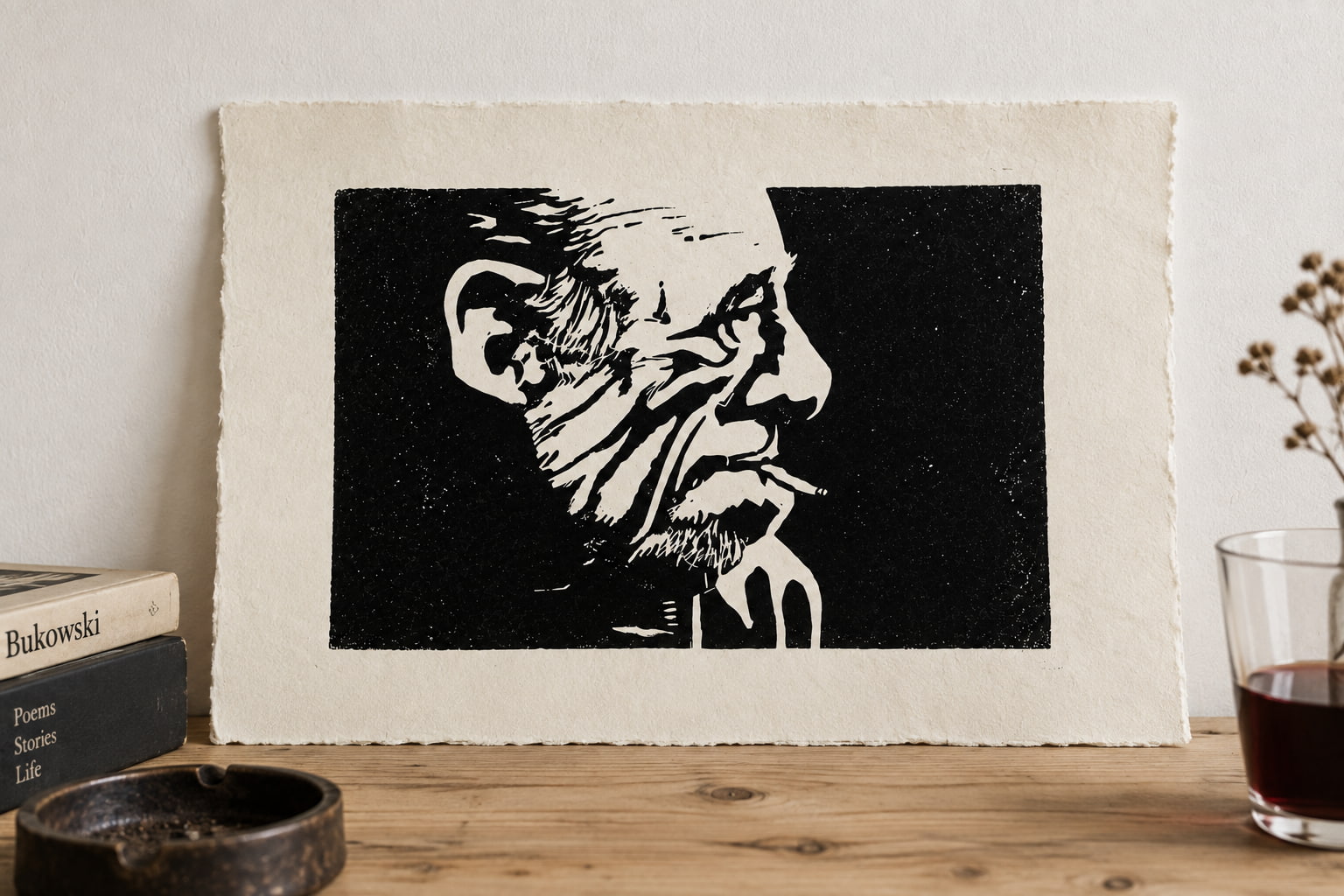 Charles Bukowski Linoldruck auf Büttenpapier – Blackbeardprint