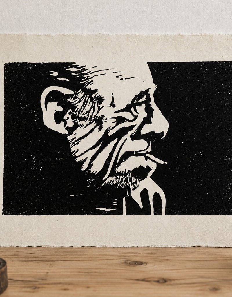 Detail des Charles Bukowski Linoldrucks auf Büttenpapier – Blackbeardprint