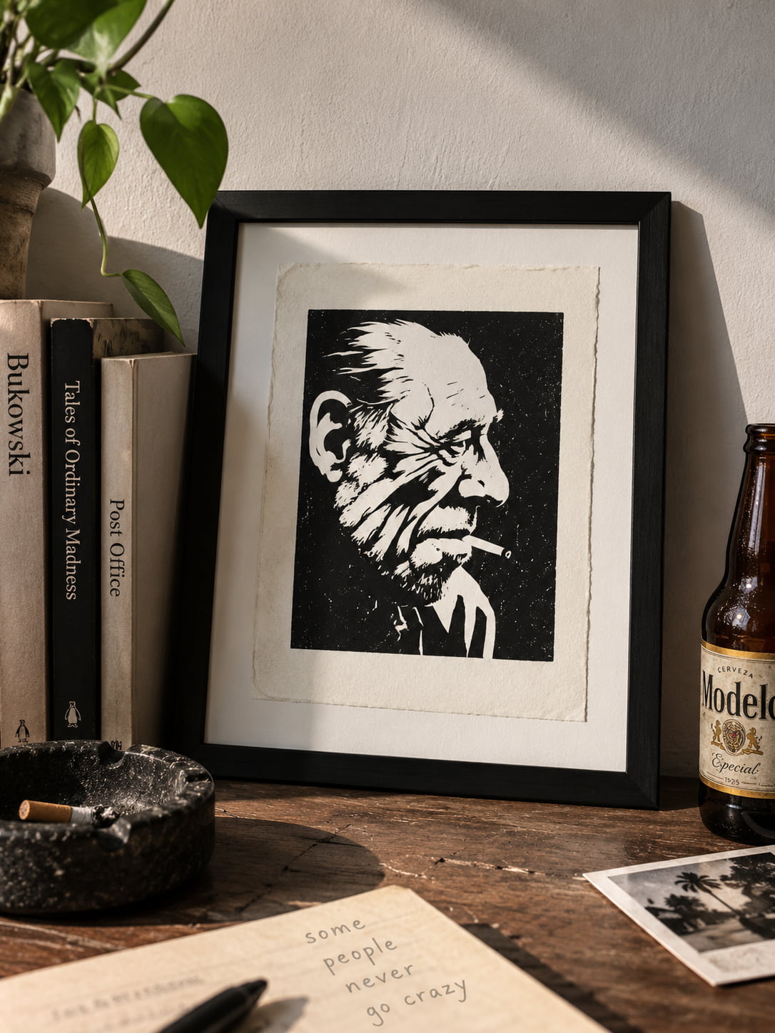 Charles Bukowski Linoldruck in einer literarischen Szenerie – Blackbeardprint