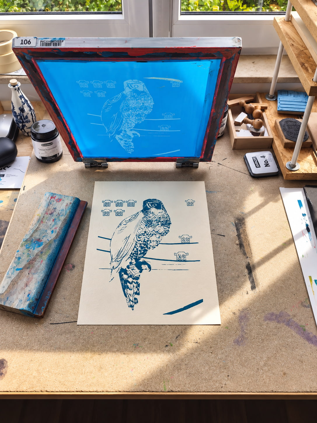 Falcon Linoldruck im Siebdruck-Atelier von Blackbeardprint