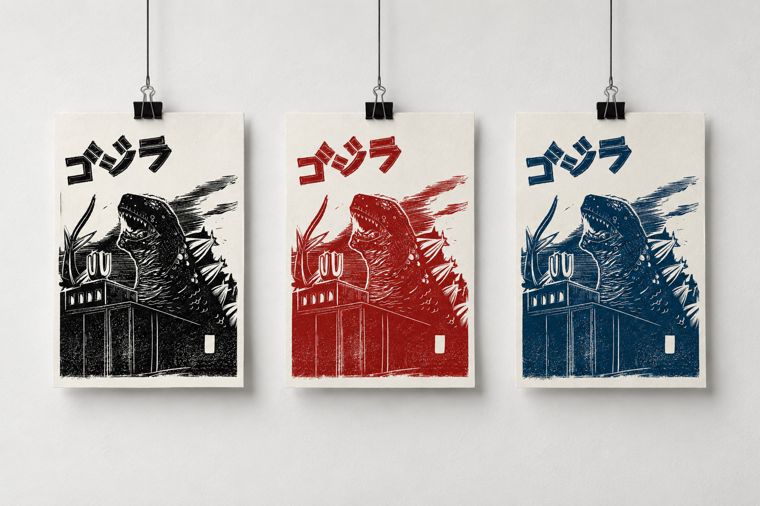 Drei Godzilla Linoldrucke in verschiedenen Farben von Blackbeardprint