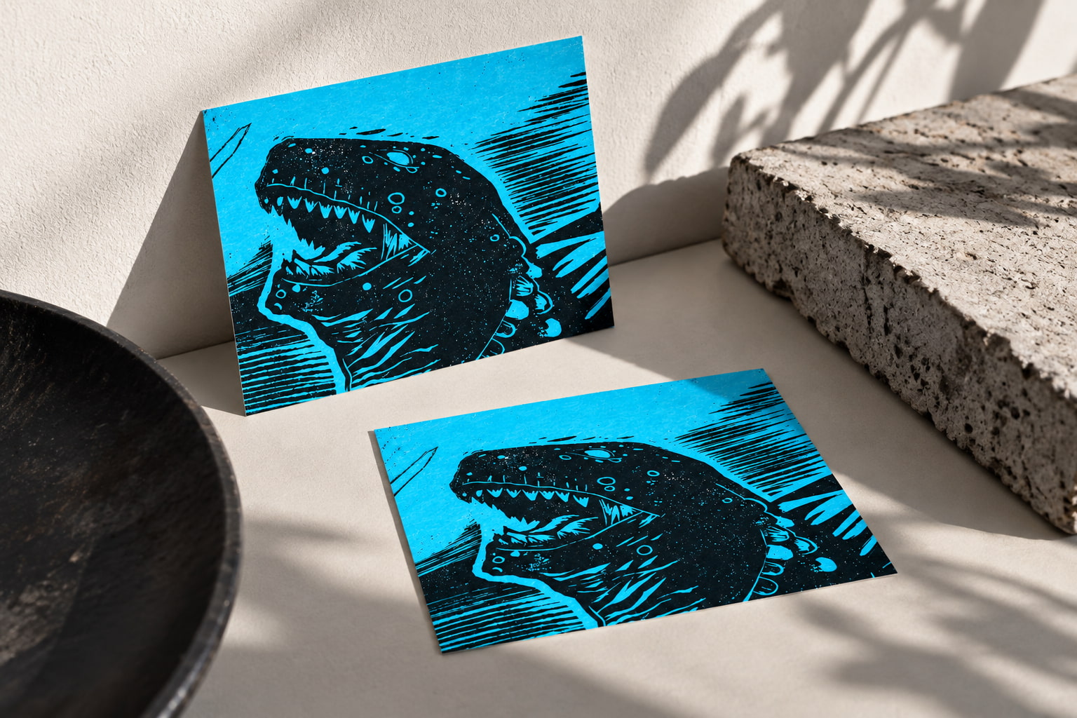 Godzilla Linoldruck Postkarten blau schwarz von Blackbeardprint