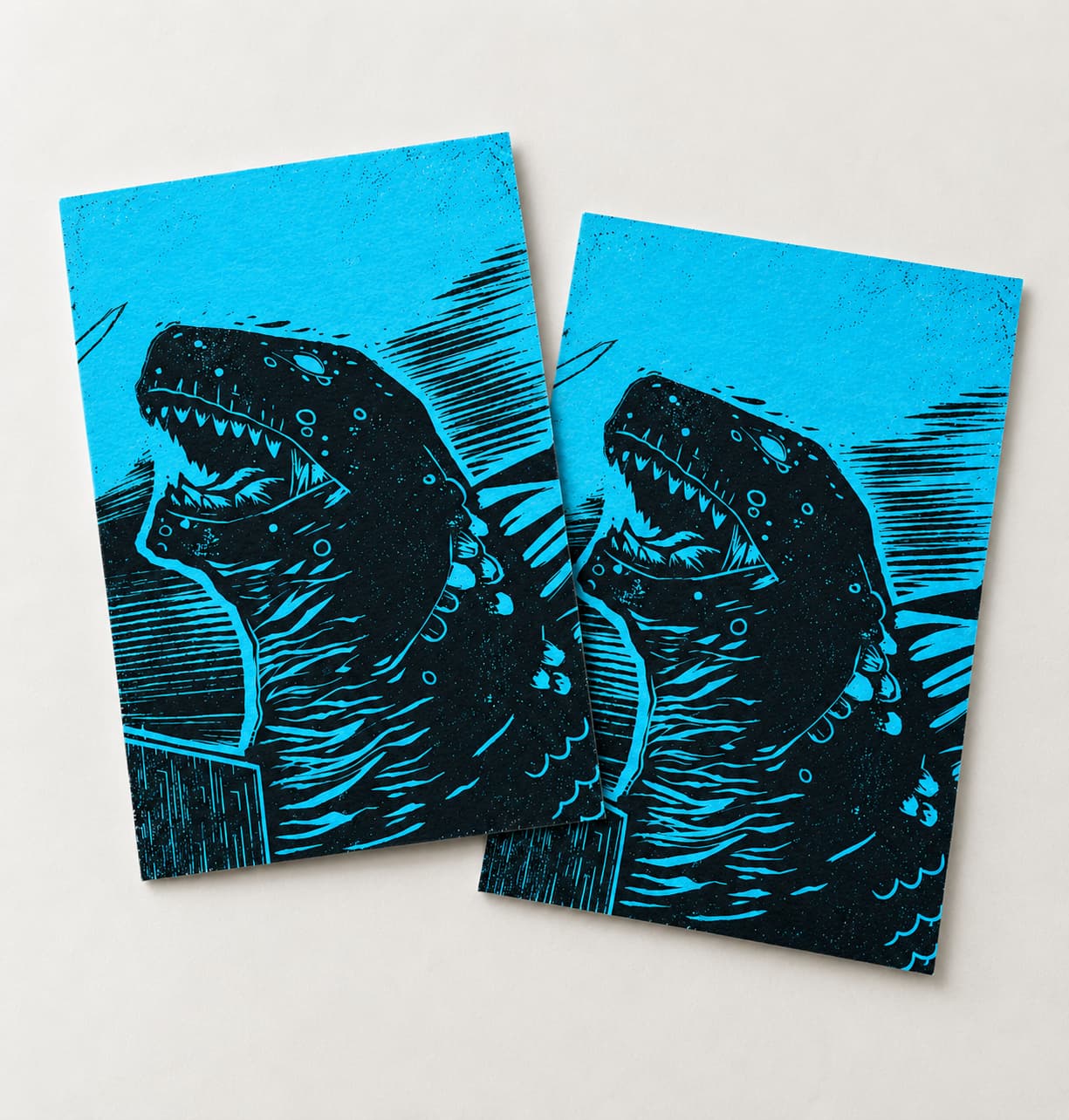 Godzilla Linoldruck Postkarten blau schwarz von Blackbeardprint
