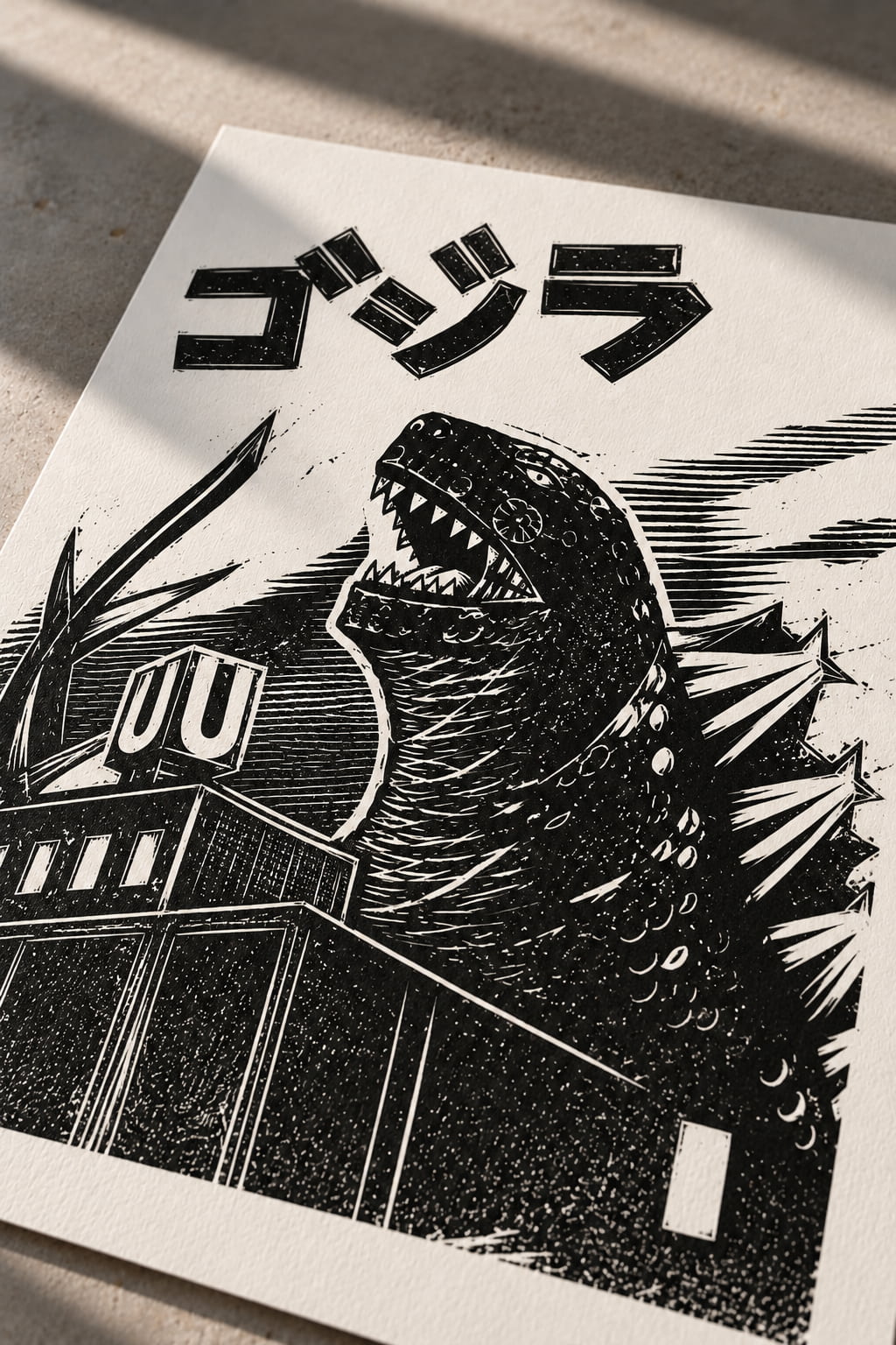 Godzilla Linoldruck in Schwarz – Detail von Blackbeardprint