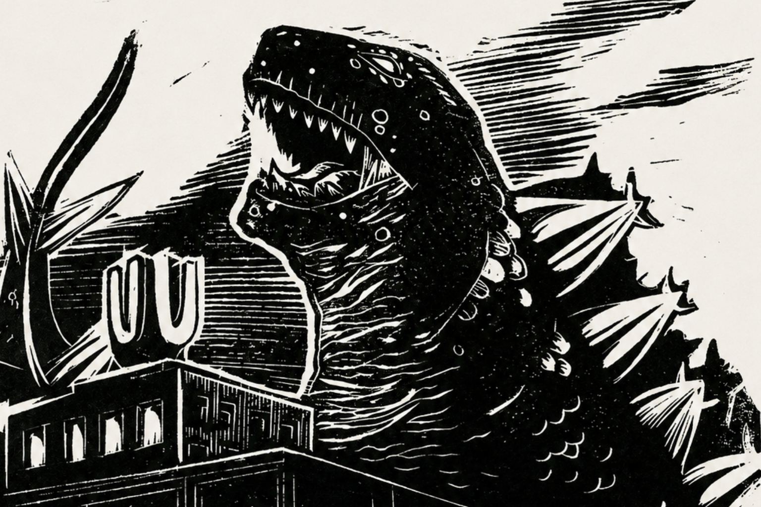 Godzilla – handgedruckter Linoldruck von Blackbeardprint