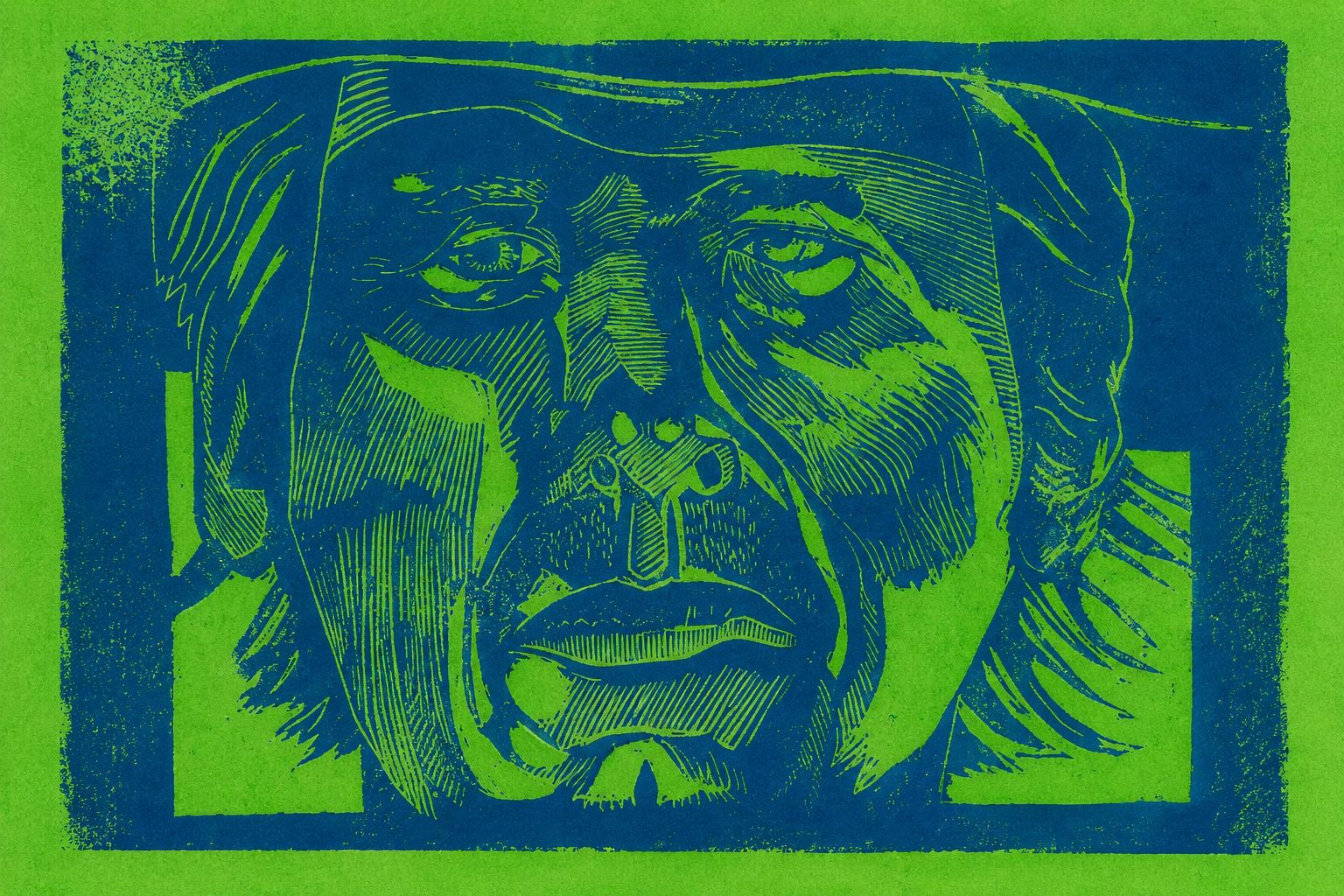 Green Portrait – handgedruckter Linoldruck von Blackbeardprint