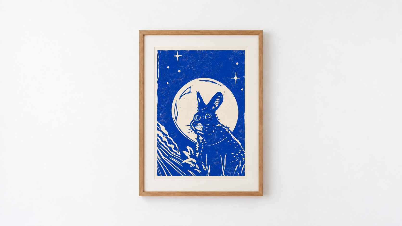 Kaninchen Weltall Rakete Linoldruck A4 gerahmt an weißer Wand
