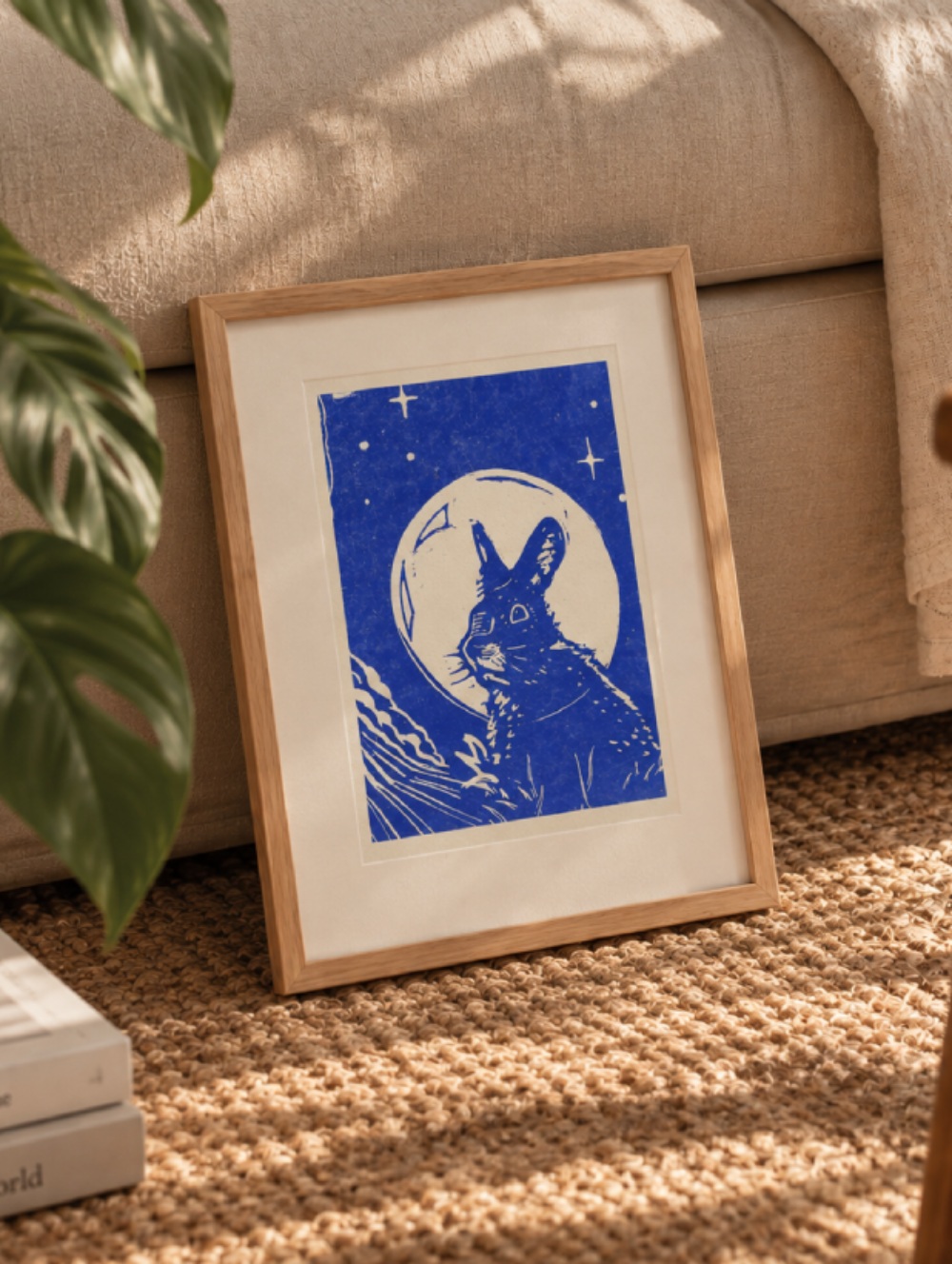 Kaninchen Weltall Rakete Linoldruck gerahmt von Blackbeardprint