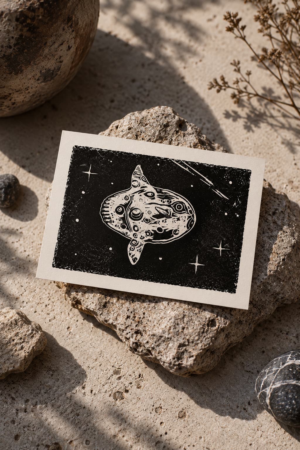Space Fish Linoldruck von Blackbeardprint