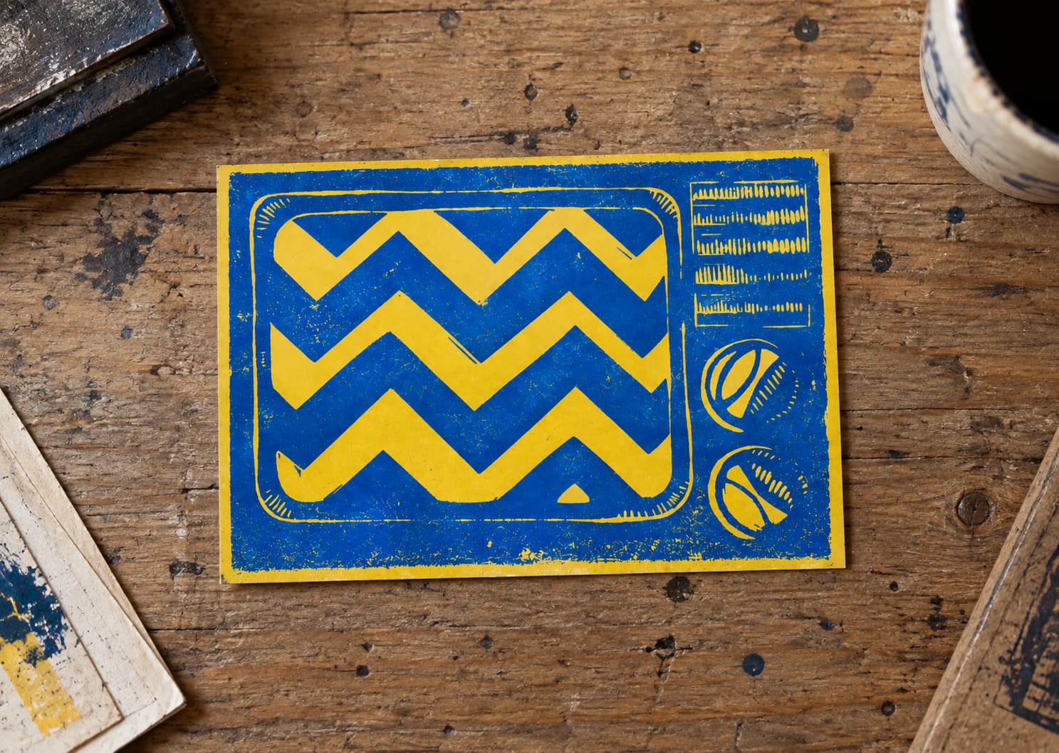 Static Signal Siebdruck Postkarte auf Holztisch von Blackbeardprint