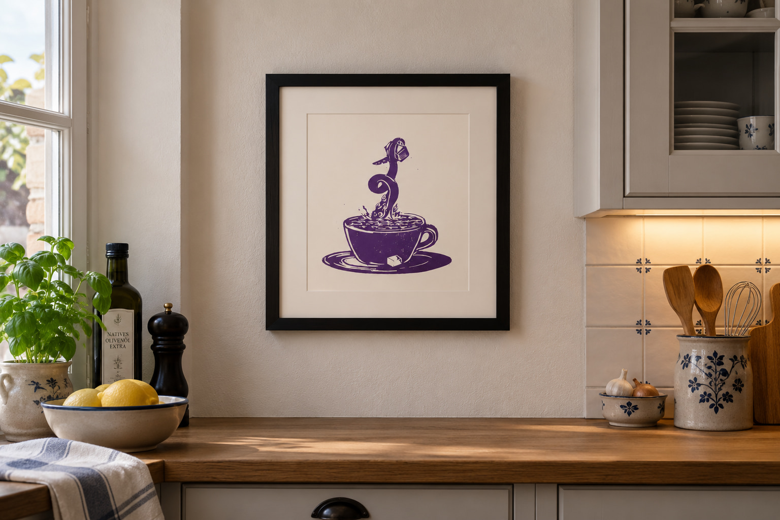 Tea Time Linoldruck in einer Küche von Blackbeardprint