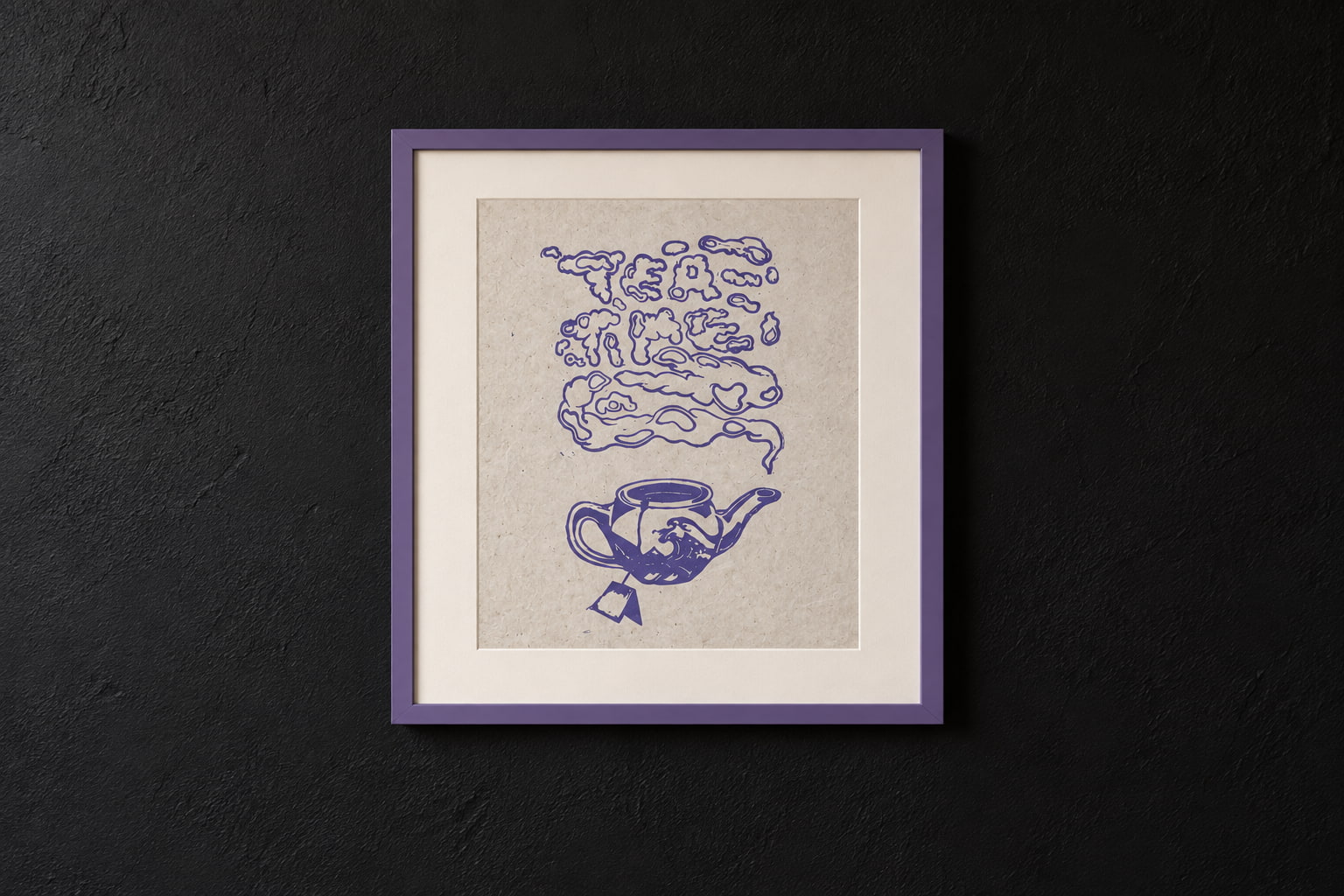Tea Ceremony Linoldruck im lila Rahmen auf schwarzer Wand – Blackbeardprint