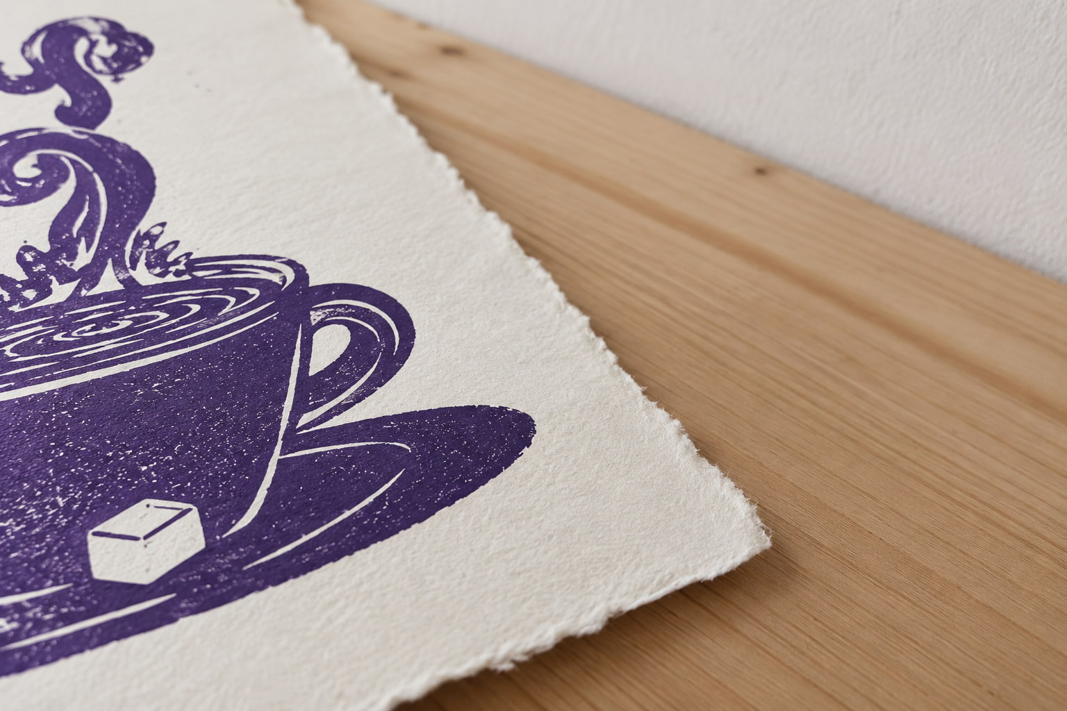 Tea Time Linoldruck – Detail auf handgeschöpftem Papier von Blackbeardprint