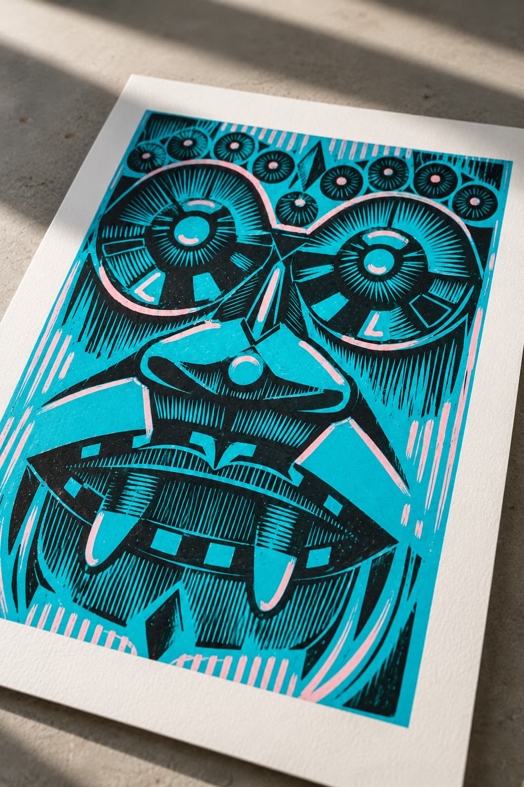 Papierstruktur und Druckdetails des Tribal Mask Linoldrucks – Blackbeardprint